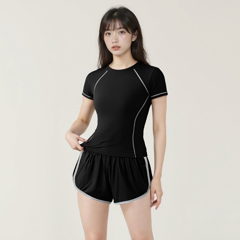 Badminton China - ชุดเซ็ตสองชิ้นสำหรับผู้หญิง เสื้อแขนสั้นแห้งเร็ว แต่งขอบตัดสี กางเกงขาสั้นหลวมๆ เหมาะสำหรับวิ่ง โยคะ